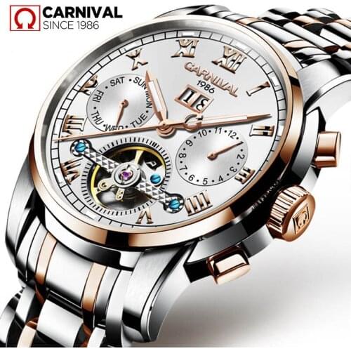Carnival Mens Self-Wind Tourbillon Mechanical Casual Watches Water Resistant Automatic Skeleton Clock Date Relogio Masculino
