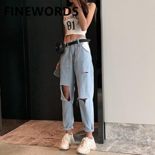 FINEWORDS 2021 Vintage Ripped Big Hole Distresses Jeans Women Korean Casual High Waist Boyfriend Punk Jeans Blue Harem Mom Jeans