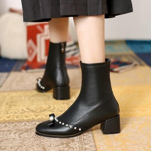 French boots womens Pearl bow white square head small 313233 thick heel short boots womens large 40414243