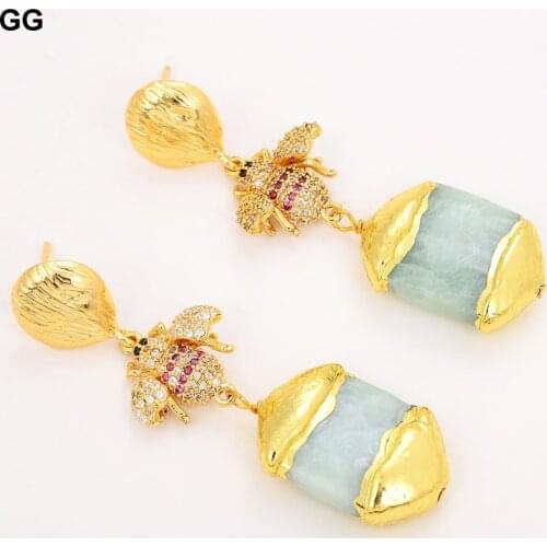 GuaiGuai Jewelry Natural Amazonite Golden Plated Cz Pave Beetle Earrings