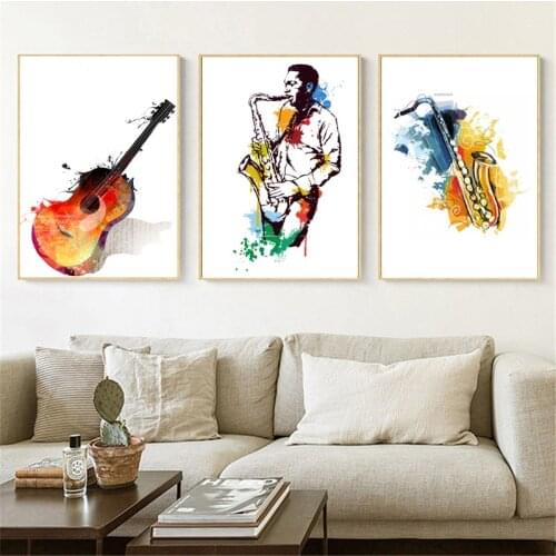 Canvas Watercolor Music Saxophone Guitar Posters and Prints Singer Dream Wall Pictures for Living Room Abstract bilder cuadros
