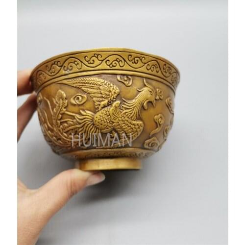 China Brass Statue Luck Wealth Phoenix Bowl Metal Crafts Home Decoration