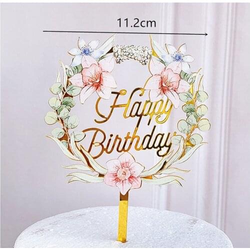Many Flowers Happy Birthday Cake Topper Golden Acrylic Birthday Dessert Decoration for Wedding Birthday Party Cake Decorations