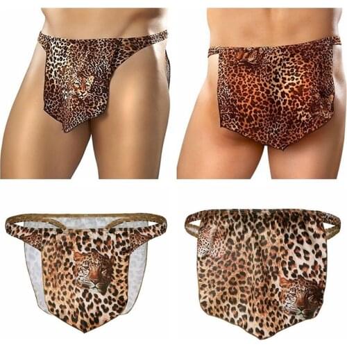 Mens Sexy Gay Novelty Panties Leopard High Cut Bulge Pouch Loincloth G-string Thong Underwear Jungle for Man Halloween Costumes
