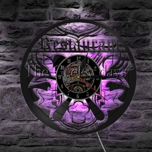 Restaurant Vinyl Record Wall Clock Delicious Food LED Night Light Knife Fork Design Wall Lamp Restaurant Wall Decorative