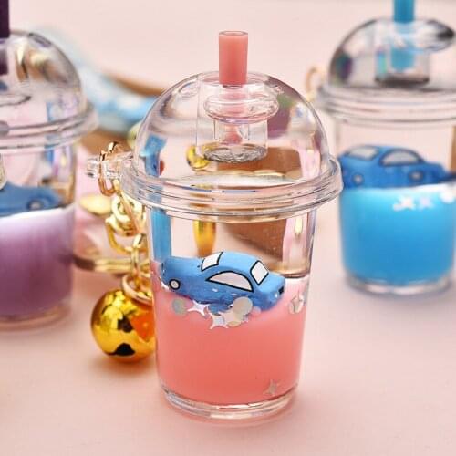 New Acrylic Milk Tea Cup Keychain Liquid Floating Car Style Key Ring Men Boyfriends Car Pendant Key Chain Kids Toy Gifts