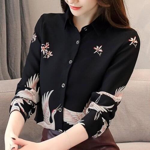 Garment 2021 Spring Autumn Women Loose Retro Crane Printed Chiffon Blouse Feminine Long Sleeve Westernized Tops Printed Shirt