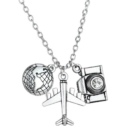 Wholesale 3PC Globe Airplane Charm Pendant Necklace Camera Jewelry Gift Flight Pilot Travel Chain Necklaces Women Men Wanderlust
