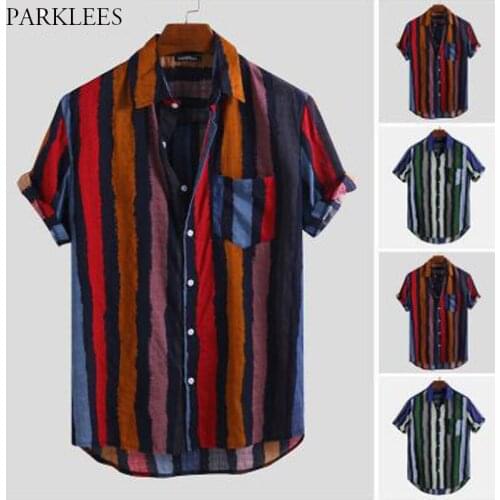 Colorful Stripe Men Summer Shirts Patchwork Vintage Men Shirt Casual Pocket Hawaiian Beach Mens Short Sleeve Shirt Men Clothing
