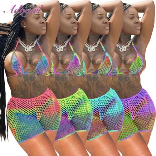 Sexy Tie-Dye Print Summer Swimsuit 3 Piece Set Casual Fishnet Hollow Out Bra Tank Tops Thongs Biker Shorts Outfit Bikini Set