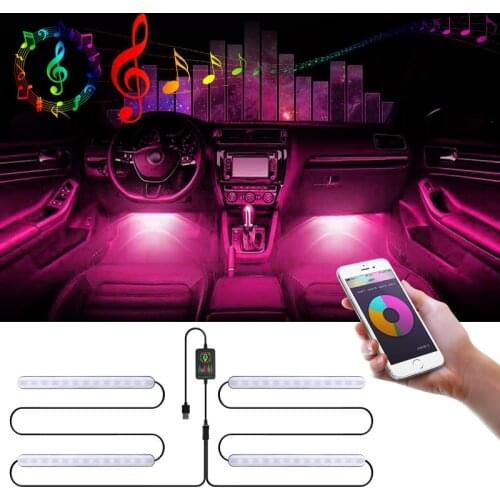 4pcs USB RGB Car LED Strip Light LED Car Foot Light Ambient Lamp Decorative Atmosphere Lamps Styling Lights APP + voice control