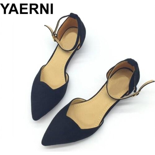 YAERNI 2019 Sexy Women Buckle Strap Low Heels Pumps Pointed Toe Flock D'Orsay Heels Shoes For Woman Ladies Single Shoes BlueE788