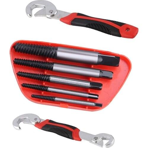Universal Wrench and 5Pcs Screw Extractor Center Drill Bits Guide Set Broken Damaged Bolt Remover Removal Speed Easy Out Set