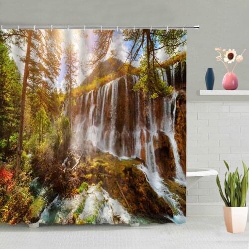 Natural Scenery Shower Curtains Waterfall Forest Stone Autumn Landscape Bathroom Decor Waterproof Cloth Curtains With Hooks Set