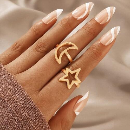 Jewelry Simple Fashion Hollow Five-pointed Star Moon Crescent Ring 2-piece Set Stainless Steel Rings for Women Gold Color New