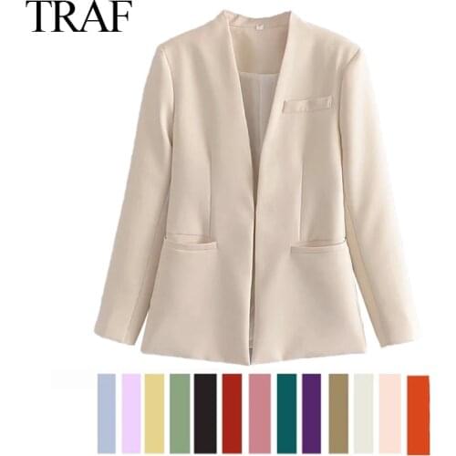 TRAF ZA Blazers Girl Women 2021 Fashion Blazer Simple Solid Color Green Orange Long Sleeve Womens Jcket Office Lady Formal Coat