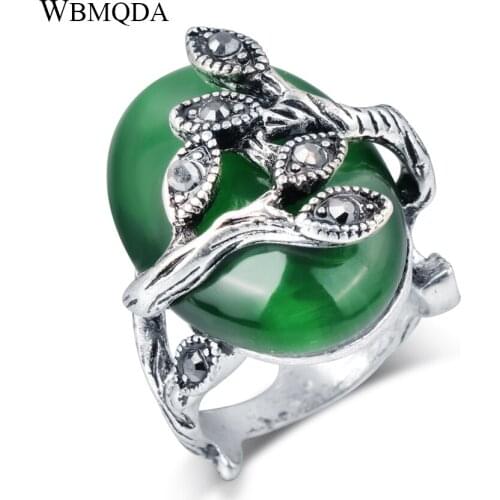 Vintage Big Green Opal Stone Ring Punk Black Crystal Evil Eyes Rings For Women Silver Plated Tibetan Jewelry