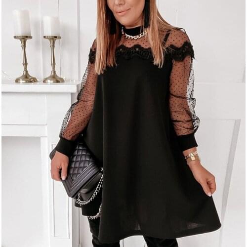 Sexy Lace Sheer Mesh Mini Dress Women 2021 Spring Polka Dot Print Patchwork Party Dress Autumn Long Sleeve Women Dress Loose