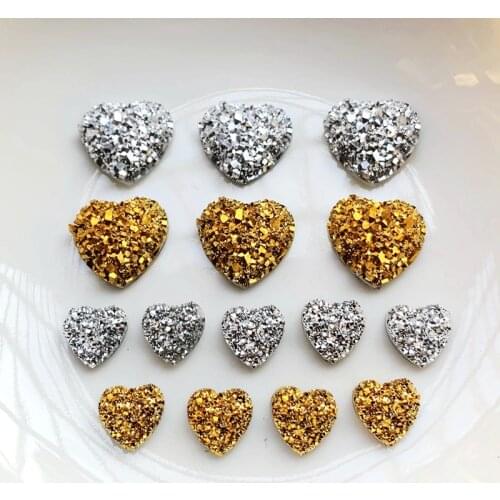 12mm&8mmGold and Silver Heart Rhinestone Applique Flatback Crystal Stones Resin Gems Non Hotfix Strass for Decoration
