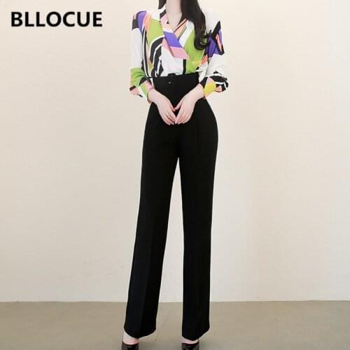 BLLOCUE Korean Designer Autumn 2 Piece Set 2019 New Long Sleeve V Neck Printed Blouse+Black High Waist Full Length Pant Suits