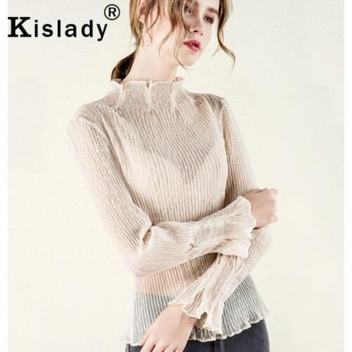 Kislady Fashion Transparent Sexy Women Blouses 2020 Spring Summer Fairy Apricot Round Neck Ruffle Blouse Hot Korean Clothes XXL