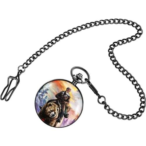 Printed Bear and Hunter Retro Black Pocket Watch Quartz Movement Antique Pendant Clock Collection Gifts Timepiece Men Women