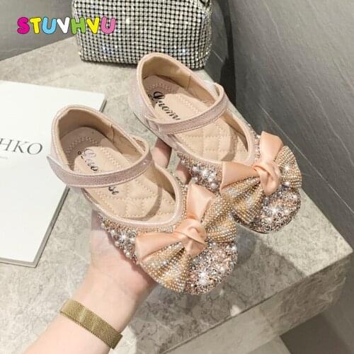 Kids Shoes for Toddler Girls Leather Shoes Spring and Autumn New Rhinestone Bow Princess Girls Shoes Children Flats Silver Pink