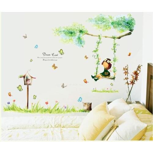 Kids Wall Stickers The Little Girl Swinging Wall Decals Popular Green Dream Children Room Cartoon Stickers Washable Wallpaper