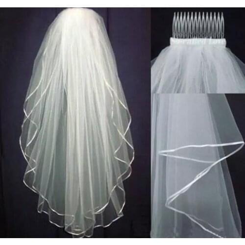 White Ivory Wedding 2T Bridal Veil Elbow Length Satin Ribbon Edge with Comb Bride Bridal Veils