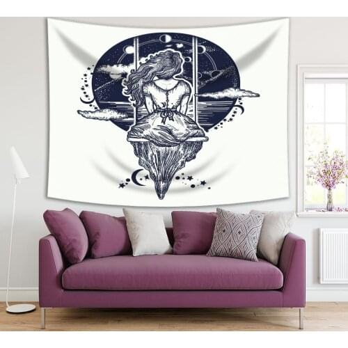 Tapestry Girl on Swing Flies to Sky Stars Lunar Phases Dream Love Imagination Adventure Artwork Navy White