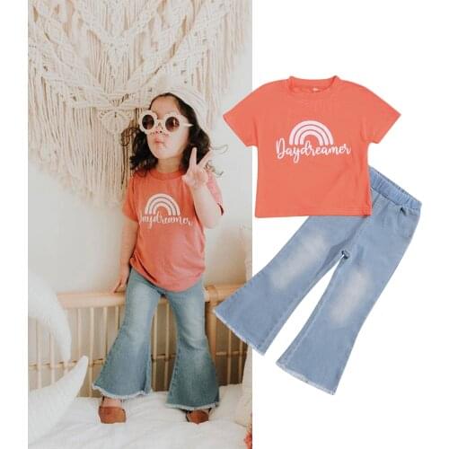 2021-06-16 Lioraitiin 2-7Years Toddler Baby Girl 2Pcs Fashion Summer Clothing Set Short Sleeve Top Demin Flared Pants Outfit