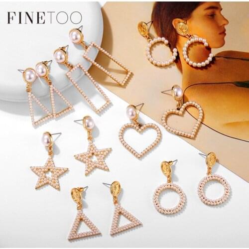 Fashion Small Pearl Korean Earrings Minimalist Geometric Frame Square Circle Triangle Star Heart Drop Dangle Earrings for Women
