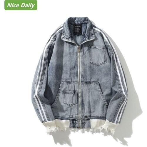 NiceDaily Autumn Winter Mens Denim Jacket Lapel Hole High Street Couple Cardigan Washed Distressed Ribbed Hem Cotton Jacket