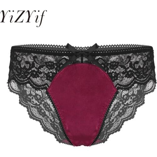Mens See-through Floral Lace Lingerie Underpants Erotic Sexy Satin Patchwork Underwear Sissy Nightwear Low Waist Briefs Panties