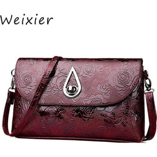 WEIXIER 2019 New Flower Pattern PU Leather Messenger Bag Solid Vintage Luxury Shoulder Bag Fashionable Handbag for Women ZK-12