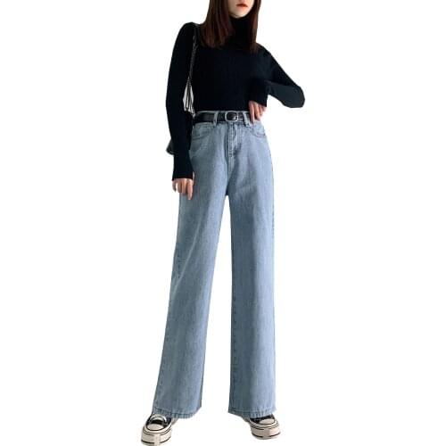 Autumn Winter Wide-legged Pants Korean Retro Straight Pants High Waist Jeans Women Students Long Denim Pants