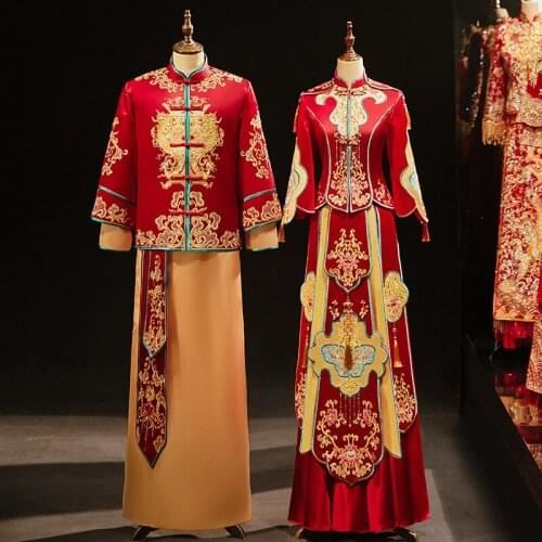 Oriental Vintage Wedding Dress Couple Embroidery Phoenix Cheongsam Refined Banquet Stylish Elegant Bride китайская одежда