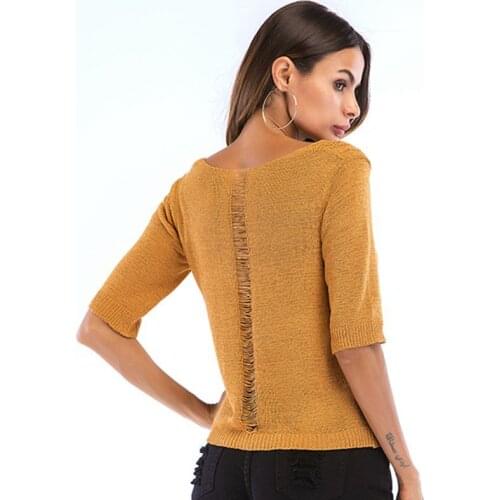Cotton knit with half sleeve 2020 autumn winter back hollow out in solid color top for women to wear solid color sweater over