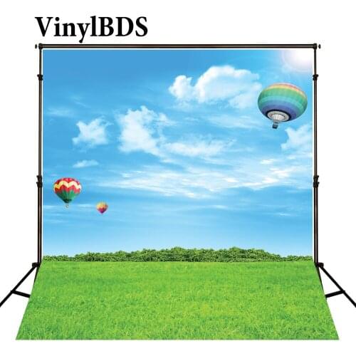 VinylBDS 3D Sky Backdrop Photo Background Green Grass Blue Sky Hot Air Balloon Photography Background For Photo Studio