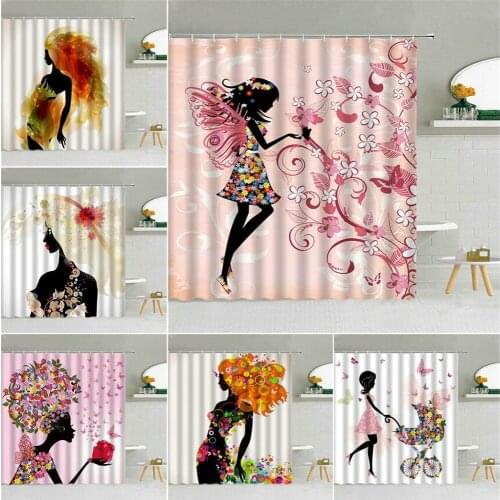Butterfly Elf Girl Shower Curtain Flower Green Leaf Woman Valentines Day Gift Bathroom Decor Bath Waterproof Fabric Curtains