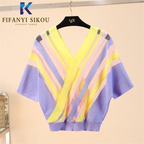 Hollow Out Knitted T-shirt Women Sexy V-Neck Short Sleeve Striped T shirt Short Tops Lady 2020 Summer Casual High quality Tshirt