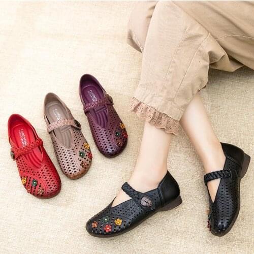 Women shoes comfortable genuine leather flats hollow out breath freely gift for mother large size Europe 35-43