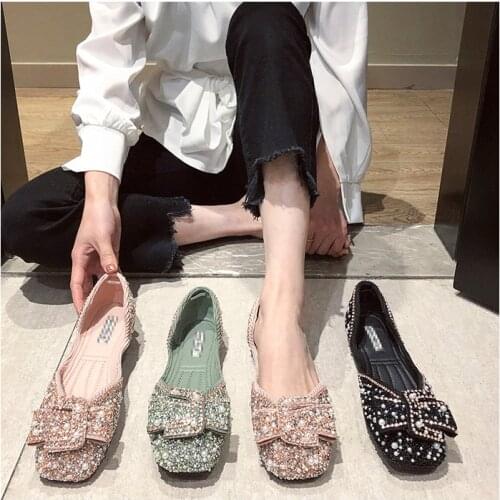 Crystals Pearl Butterfly-knot Women Flats Bling Woman Shoes Ladies Soft Sole Square Toe Slip-on Bling Shoes