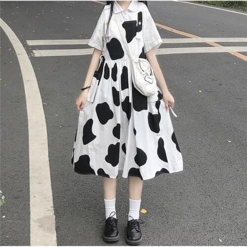 Summer Set Women 2021 Japanese Harajuku Strap Cow Print Preppy Style Sleeveless Dress Suits Sweet Kawaii 2 Piece Sets Y164