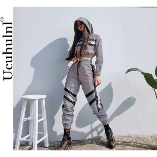 Women Reflective Two Pieces Sets Silver Pactwork Ctop Top Sweatshirts Elastic Drawstring Pants Tracksuits Womens Clothing 2019
