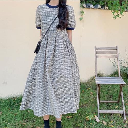 Plaid Puff Sleeve Dress Women 2021 Summer Retro O-neck Bow Bandage Design Korean Chic Sweet Waist Mid-length Dress Vestidos Y2k