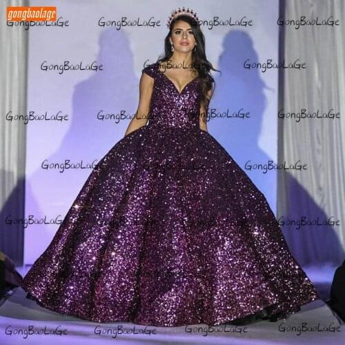 Glitter Purple Evening Dresses Off Shoulder Sequin Lace Up Ball Gown Reflective Dress Long Women Customized 2020 Robe De Soiree