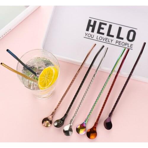 1PC Long Portable Twisted Straw Spoon Gold Tea Scoop Reusable Colored Stainless Steel Spoon for Cocktail Coffee Stirring Tools