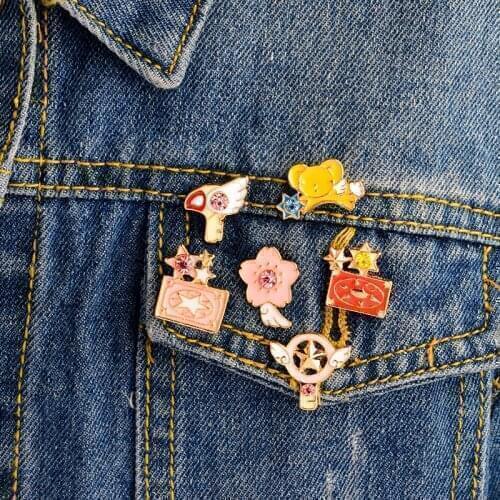 6PCS/SET Card Captor Sakura Kerr Scepter Card pins Brooches Badges Hard enamel lapel pin Hat Bag Jeans Pins Card Captor jewelry