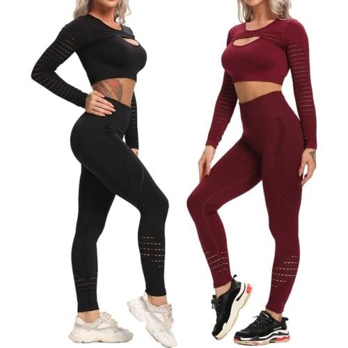 Seamless Yoga Set Workout Sportswear Fitness Clothing Sport Set Women Long Sleeve Crop Top High Waist Leggings Gym Active Wear